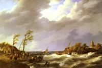 Johannes Hermanus Koekkoek - Dutch fishing Vessel caught On a Lee Shore With Villagers